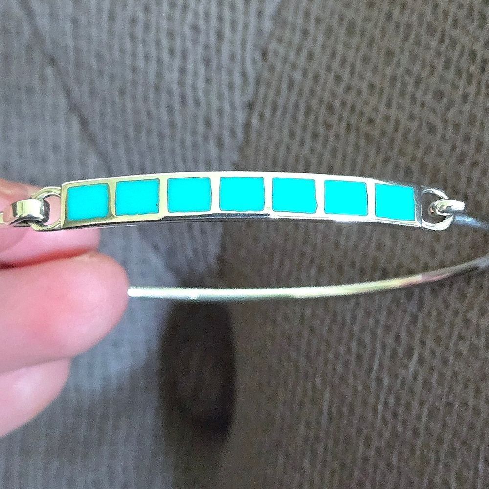 Taxco Sterling Silver🤍 Sleeping Beauty Turquoise🩵 Squares Flush Inlay Bracelet - Picture 4 of 16